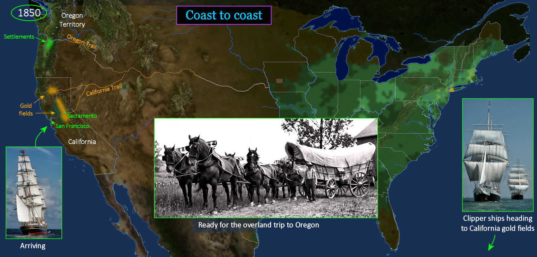 Oregon Trail and Gold Rush, 1849 map